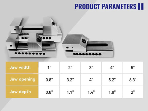 Screwless Mini Insert Vise For Toolmakers, 3 Inch Steel With 0.0002 Inch Precision Ground Surfaces, showing jaw dimensions