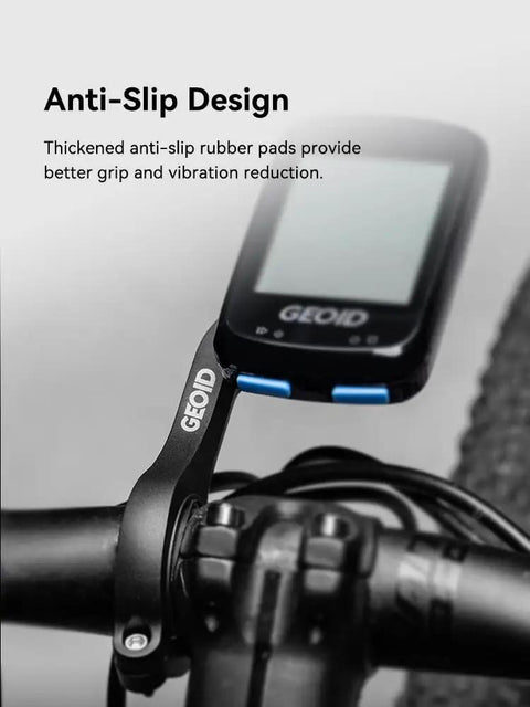 Close-up of the Out Front Bike Computer Mount For Roadies Universal Front Mount on bike handlebars with anti-slip feature.