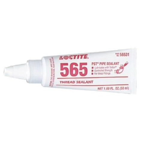 Tube of PST 565 Thread Sealant White 50ml for metal threads, low-strength anaerobic sealant, packaging shows front view.