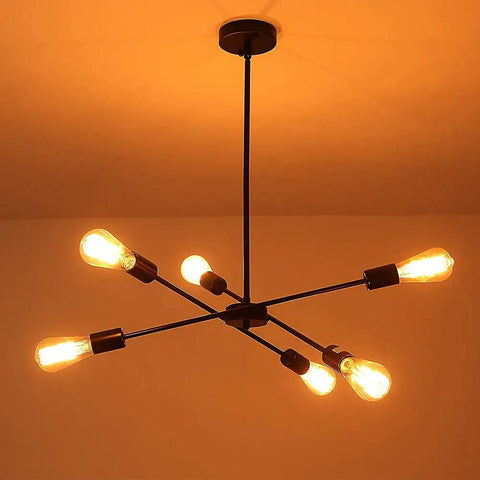Black Sputnik Chandelier With 6 Lights, dope modern industrial ceiling light, mid century vintage inspired, polished finish, lit view.