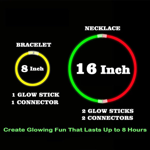 Diagram of 8 inch yellow glow bracelet and 16 inch red-green necklace from 100 Count Glow Sticks Bulk Party Pack With 8 Inch Glow Bracelets And Connectors Assorted Colors For Halloween Parties Kids Camping Glow In The Dark Fun Easy Outdoor Nighttime Vibes, with text explaining glow duration.