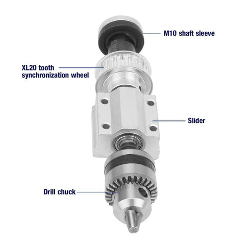 Precision Unpowered Spindle Assembly Featuring Slick B16 Drill Chuck and M10 Shaft Sleeve for DIY Mini CNC Milling Rigs and Bench Tools Rock Solid Build internal components including M10 sleeve, slider, and drill chuck.