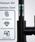 Friho Matte Black Kitchen Faucet with Pull Down Sprayer, Single Handle High Arc Stainless Steel, showcasing anti-fingerprint feature.