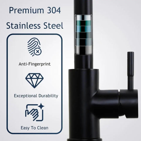 Friho Matte Black Kitchen Faucet with Pull Down Sprayer, Single Handle High Arc Stainless Steel, showcasing anti-fingerprint feature.