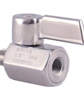 Side view of ARITA 1/8 in stainless steel ball valve with 304 body and 1000 PSI rating, male/female NPT, chrome handle
