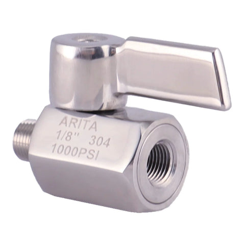Side view of ARITA 1/8 in stainless steel ball valve with 304 body and 1000 PSI rating, male/female NPT, chrome handle