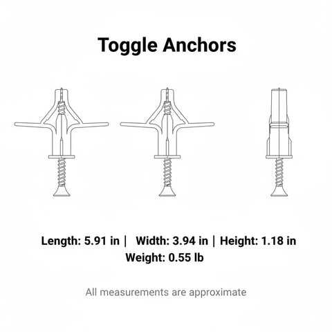 Illustration of 50 Pack Drywall Toggle Anchors With Carbon Steel Screws, multiple views, showing dimensions and structure.