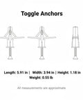 Diagram of 50 pack drywall toggle anchors with carbon steel screws for hollow walls nylon mounting kit to hang shelves frames mirrors