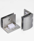 Premium Glass Hinge Set Four Piece Kitchen Bath Pivot Bracket Slick Chrome Finish, heavy-duty kit with chrome brackets.