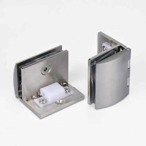 Premium Glass Hinge Set Four Piece Kitchen Bath Pivot Bracket Slick Chrome Finish, heavy-duty kit with chrome brackets.