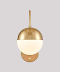Front view of Mid Century Modern Wall Sconce With Switch Gold Brass Finish Easy Plug In Wall Light With Opal White Glass Globe