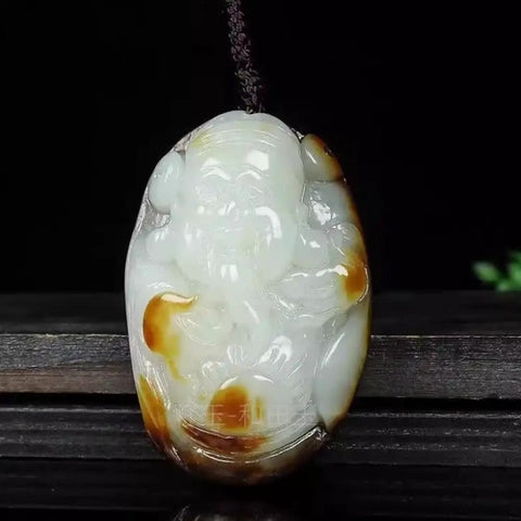 Raw Stone White Jade Wealth Deity Pendant For Men And Women With Original Skin Seed Material And Mutton Fat Jade Charm