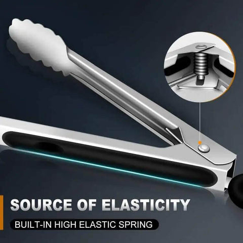 Side view of Heavy Duty Stainless Steel Kitchen Tongs Set Of 3 with elastic spring detail, demonstrating locking mechanism and grip.