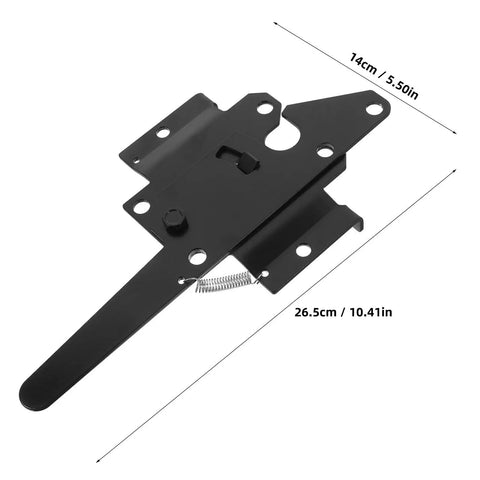 Heavy Duty Farm Gate Hinges And Iron Gate Hardware For Residential And Commercial Use, with measurements shown, black finish.