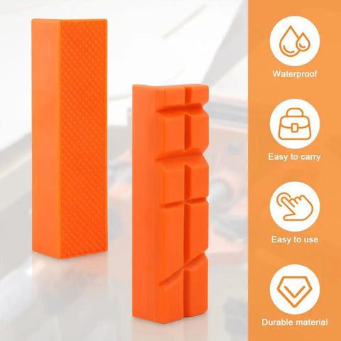 Set Of Two Pair Four Inch Soft Jaw Pads For Bench Vise With Knockout Magnetic Base Offering Hella Grippy Multi Groove And Waffle Patterns To Guard Tools Against Nasty Scratches While Keeping Materials Lock Tight, shown in bright orange.