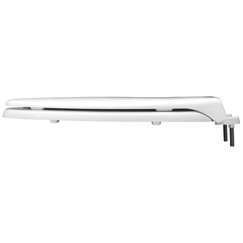 Side view of heavy duty elongated plastic toilet seat with lid and StayTite fastening, white stainless steel posts and pintles visible.