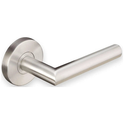 Round Rosette Tubular Passage Door Lever Set in Satin Stainless Steel, Modern Frankfurt Style Interior Lever With 2-3/8 Inch Backset