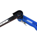 Blue air pneumatic belt sander with 17,000 RPM free speed and half inch by eighteen inch belt, featuring built-in air regulator and quick belt change system.