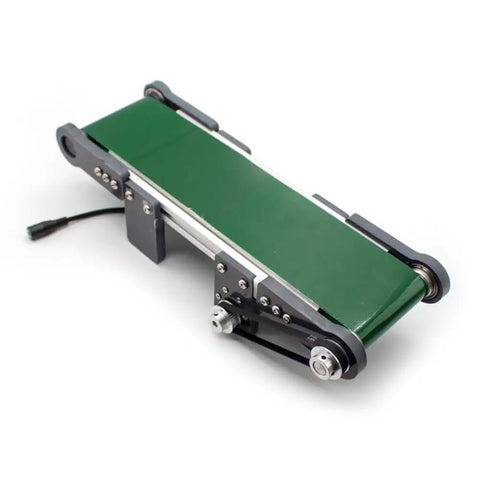 Electric Desktop Conveyor Belt With Adjustable Speed From 0 To 116 RPM 100 By 350 mm Belt, green PVC on black frame