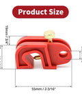 Universal Circuit Breaker Lockout Kit device, red, side view with dimensions shown for sizing, safety gear for electrical panels.