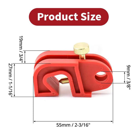 Universal Circuit Breaker Lockout Kit device, red, side view with dimensions shown for sizing, safety gear for electrical panels.