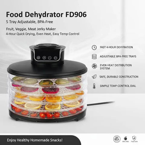 Killer Speed Food Dehydrator With Five Adjustable Bpa Free Trays For Straight Up Quick Drying Sweet Fruit Chips Savory Beef Jerky And Fresh Garden Herbs Using Even Warm Air Black, displaying stacked trays with colorful fruits.