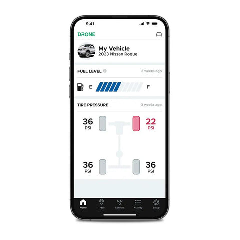 Smartphone showing X2 MAX LTE GPS Vehicle Tracker with tire pressure and fuel level display for vehicle health monitoring