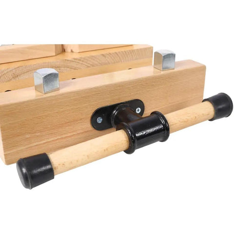 Detail of Top Tier Wood Vise For Workbench Quick Release Handle G Type Mount 78 Inch showing wooden handle and mounting clips.