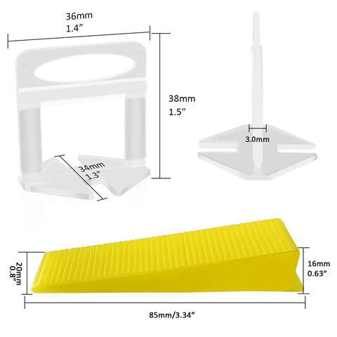 Tile Leveling System With Plier And 300 Clip Spacers And 100 Reusable Wedges For Stone And Tile Installations, Includes 1/8 Inch Spacers, dimensions shown.