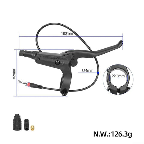 Metal E Bike Brake Lever For Nutt Brake Handles, shown with dimensions and additional parts, suitable for electric scooters and bicycles.