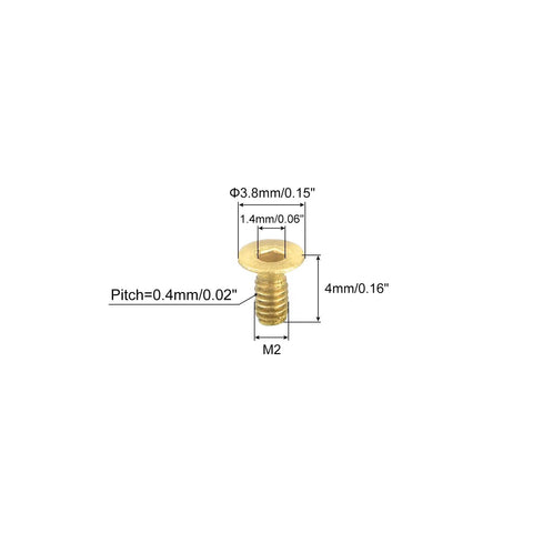 Top Shelf Precision Brass Flat Head Socket Cap Screws M2 X 4mm Inner Hex Drive Fasteners, showing dimensions and details of a brass screw.