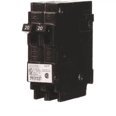 Q2020NC Two Single Pole 120 Volt Non Current Limiting Circuit Breaker 20 Amp Black For QT Style Plug In Panels Space Saving Design And Easy Install In Residential Load Centers., black 20 amp Type QT duplex plug-in circuit breaker