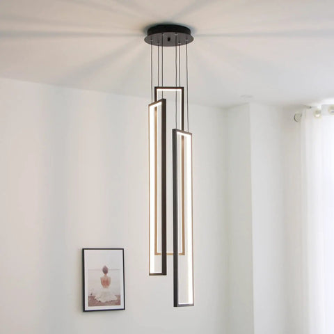 Sleek Modern LED Chandelier With Three Lights Black Kitchen Island Pendant For Living Room Dining Room Foyer Remote Dimmable High Ceiling Fixture 33 Inch Tall