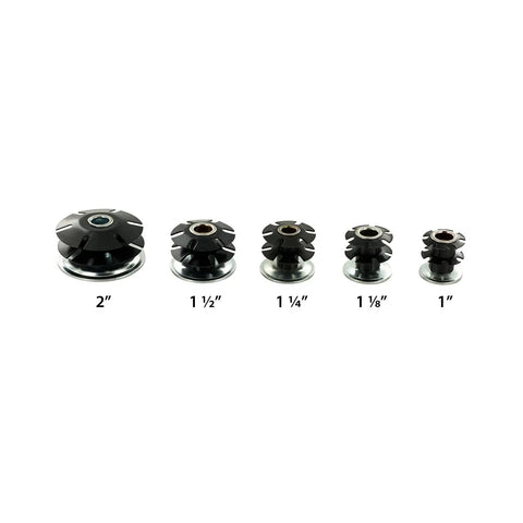 Five different sizes of black steel caster inserts, labeled from 2-inch to 1-inch, suitable for various tube sizes, front view.