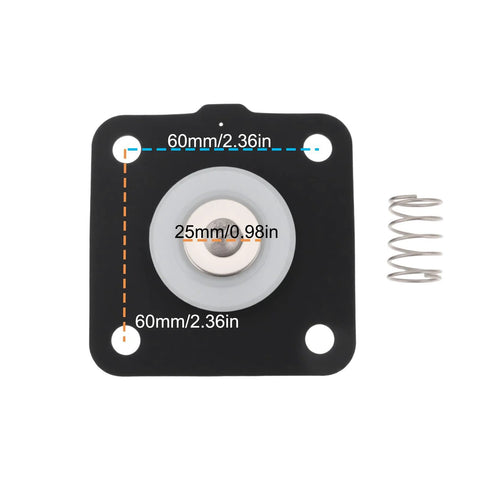 Dust collector 1-inch pulse valve diaphragm plate; black square mounting plate with metal center diaphragm and attached spring.