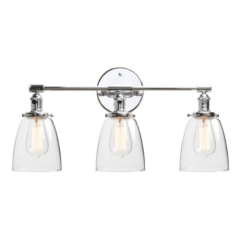 Three Light Industrial Wall Sconce With On Off Switch And Clear Glass Shade For A Cool Retro Vibe Vintage Antique Brass Vanity Lighting For Bathroom And Living Room Dimmable When Paired With A Compatible Dimmer Bell Shade Finish