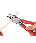 9 Inch Leverage Lineman Pliers With Crimper And Pipe Reaming Head cutting pipe, red handles visible