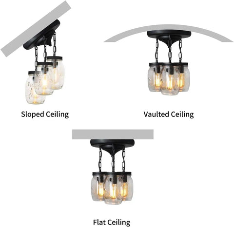 Dope 3-Light Glass Mason Jar Pendant Lights for Kitchen Island, farmhouse style, on sloped, vaulted, and flat ceilings shown.