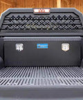 Sleek Satin Black Aluminum Utility Chest Replacement For 2022 Chevy Colorado with diamond plate front view.