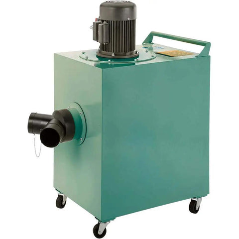 Heavy Duty Pro Rig 1.5 Horsepower Metal Dust Collector Pumping Solid 650 Cfm Airflow With Triple Stage Micro Filtration side view with outlet.