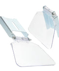 Beefed Up Heavy Duty Bench Grinder Shield Guard Plate, Transparent Stainless Steel Dust Guard with hinges, set on white background.