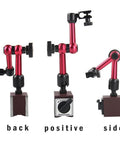 Oudtinx red adjustable magnetic base holder for digital dial indicator; three views: back, positive, side on a wooden block.
