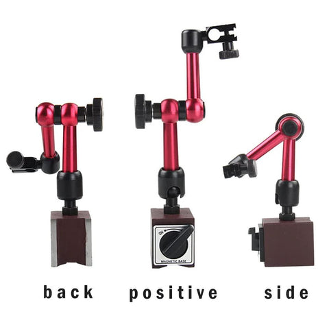 Oudtinx red adjustable magnetic base holder for digital dial indicator; three views: back, positive, side on a wooden block.