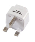 Two Pack UK Travel Adapter With Type G Plug, Grounded Outlet Converter For United Kingdom Ireland Hong Kong Great Britain England Scotland London Dublin And More, Universal Input For Worldwide Device Charging On The Go shown in white color, close-up view.