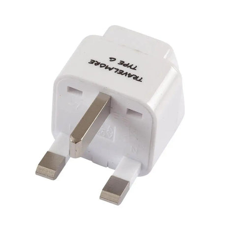 Two Pack UK Travel Adapter With Type G Plug, Grounded Outlet Converter For United Kingdom Ireland Hong Kong Great Britain England Scotland London Dublin And More, Universal Input For Worldwide Device Charging On The Go shown in white color, close-up view.