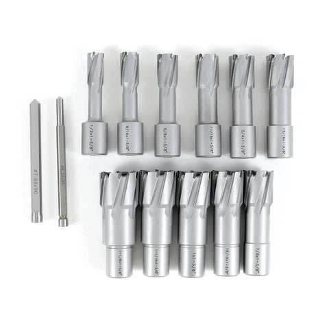 Carbide TCT annular cutter set, 13-piece with Weldon shanks; front view, 1/2-1-1/8 in dia, 1-3/8 in depth
