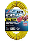 Heavy Duty 12 3 Gauge 100 Foot Lighted Extension Cord 8 Pack Yellow Outdoor Power Cable Built Like A Rock For Job Sites Or Backyard Hangouts Crushproof And Weather Sealed, displayed coiled with plugs.