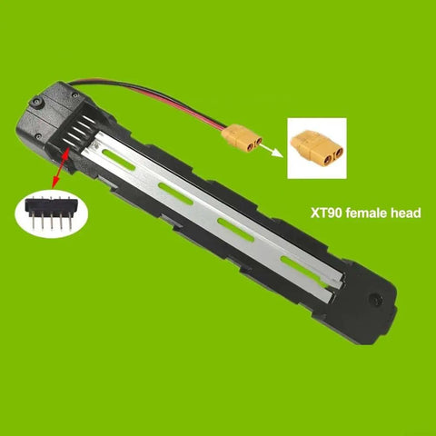 Durable Electric Bike Battery Mount Bracket For 4 Pin Or 5 Pin DP 6 DP 6C Batteries With Cable Bottom Base Holder XT60H To XT90 Compatible E Bike Power Solution, showing base and XT90 connector