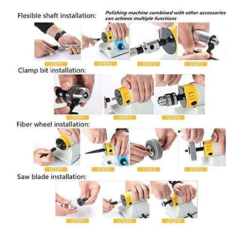 Arbor Mandrel Adaptor for angle grinder; yellow/black coupling with steps: flexible shaft, clamp bit, fiber wheel