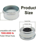 2.75 Inch Trailer Hub Bearing Dust Caps Kit With 4 Pack Rubber Plugs showing product dimensions and compatibility for 7000-8000 lb hubs